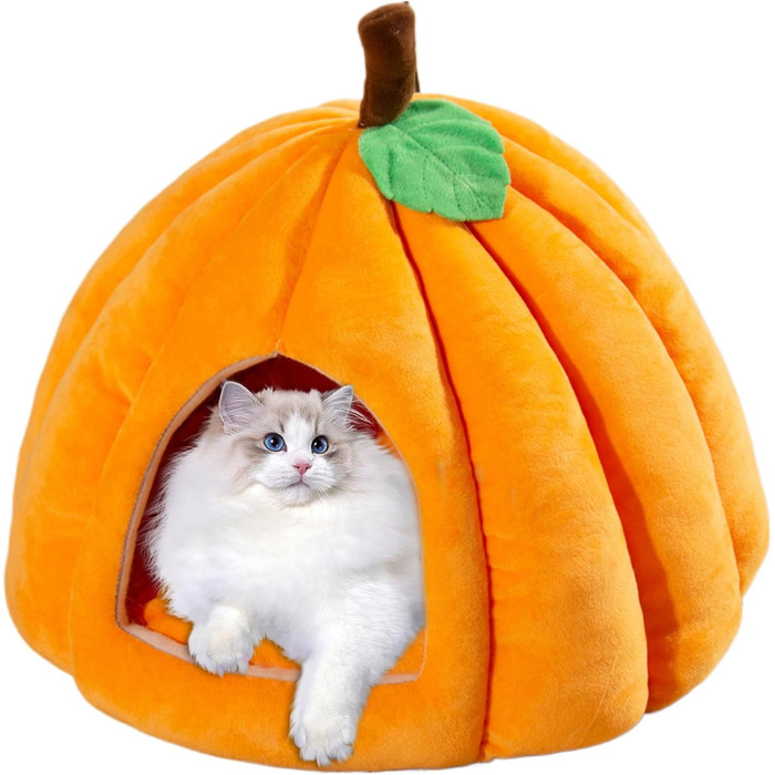 Кішка Будиночок-Печера у Формі Гарбуза на Хелловін - М'яке Тепле Ліжко для Кота, Вологостійке, для Внутрішніх Улюбленців