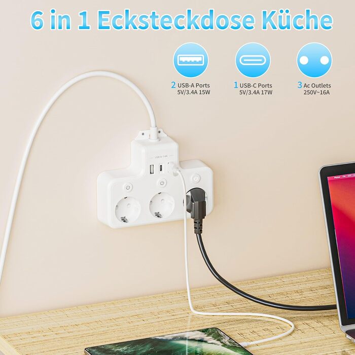 Багатофункціональна мережа роз'ємів 9 в 1 з вимикачем, USB 5-портова, 2м кабель, кутова розетка, чорний колір, індивідуальне вимкнення, для кухні та столу (3 розетки, настінний монтаж)
