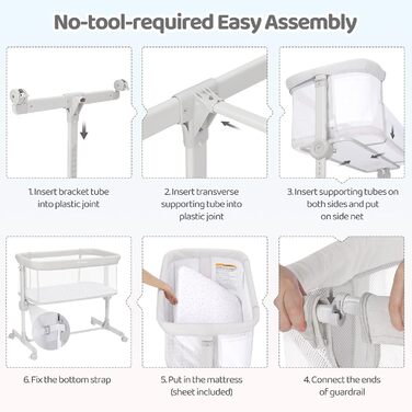 Ezebaby Bedside Sleeper, 2-in-1 Baby Bed from Birth up to 9 kg, Co-Sleeper with 7 Height Adjustments, Includes Mattress/Foldable Side Rail/Wheels, Mesh Fabric Crib (Dark Grey)