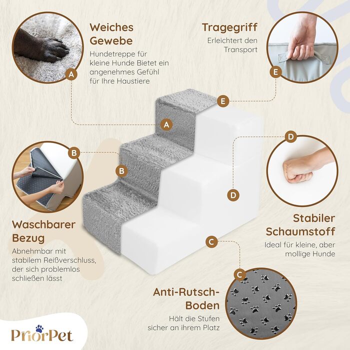 Сходинки для собак на ліжко та диван - 4 сходинки, 58 см заввишки - з пінопласту для маленьких собак - безпечні та стійкі - знімний, пральний чохол - світло-сірий