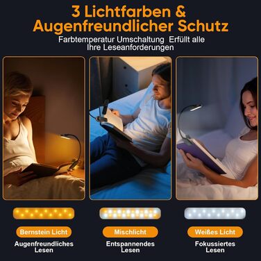 LED лампа для читання на прищіпці з акумулятором, нічник з 24 LED для дітей, USB перезарядна лампа з 3 режимами колірної температури та 5 рівнями регулювання яскравості, гнуший лебединий шийний кріплення для читання в ліжку, чорний