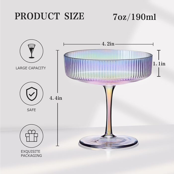 Набір келихів для мартіні CUKBLESS (6 шт.), 200 мл, вінтажний дизайн, ручної виготовлення, для коктейлів, десертів, віскі та мартіні