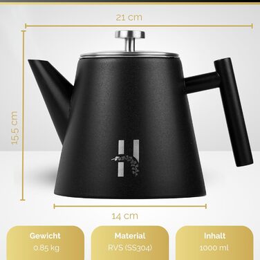 Скляний чайник Hanamura з фільтром, двостінний, чорний, 1000 мл