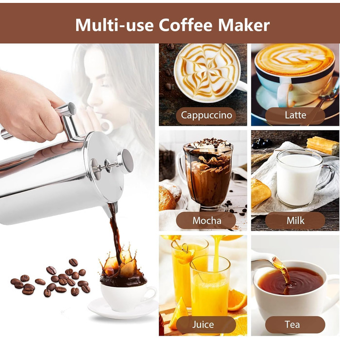 Make a French Press Coffee Maker, 1500 ml large insulated Cafetiere, double-walled insulated stainless steel, 3-stage filter system, French press for home, camping and office, Silver