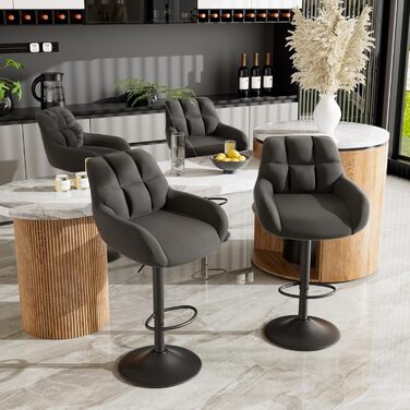 Барні стільці Hawthyhome - 4 шт. Чорні, регульовані по висоті, з підлокітниками та спинкою, оббивка з PU-шкіри, 360° обертання, з підніжкою для ніг, для кухні/вітальні/бару/їдальні