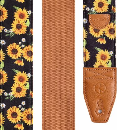Гітарний ремінь 5,1 см з бавовняним друком, квітковий принт, з повним шкіряним кінцем, для бас-гітари, електро- та акустичної гітари, безкоштовна кнопка для ременя, фіксатори для ременя та медіатори. Жовті ромашки