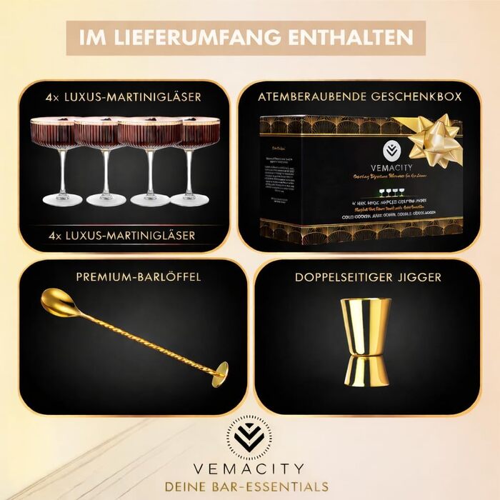 Набір з 4 елегантних келихів для Еспресо Мартіні Vemacity | Ручна робота | Келихи для шампанського, Маргарити та коктейлів | Преміум якість
