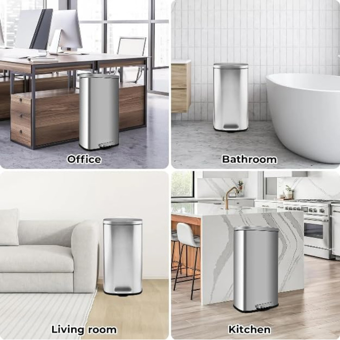 Відро для сміття LIFERUN 30л з кришкою, з м'яким закриттям, сталеве, з внутрішнім відром, для кухні, ванної кімнати, офісу