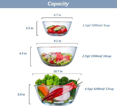 WhiteRhino Glass Mixing Bowls with Lids, 3-Piece Set (4.2L, 2.5L, 1L), Large Round Salad Bowls for the Kitchen, Salad Bowl with Lid, Cooking, Baking, Preparing, Dishwasher Safe