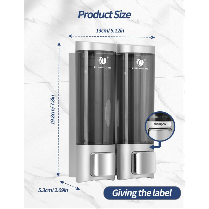 Ручний дозатор мила CHUANGDIAN, настінний, 200 мл, білий (подвійний сріблястий)