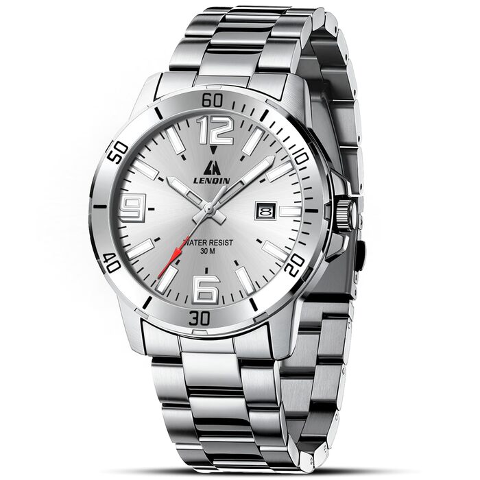 Годинник чоловічий LN LENQIN з нержавіючої сталі, водонепроникний, з датою, кварцовий, аналоговий, білий (сріблястий)