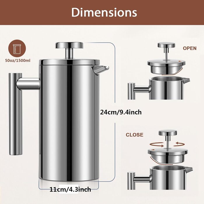 Make a French Press Coffee Maker, 1500 ml large insulated Cafetiere, double-walled insulated stainless steel, 3-stage filter system, French press for home, camping and office, Silver