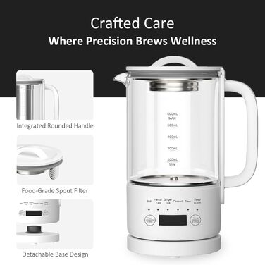 Електричний чайник Glas 0.6L, 500W, регулювання температури 40-75°C, таймер, сенсорне управління, BPA-free, компактний, для кухні/спальні/кемпінгу, для чаю/кави, білий