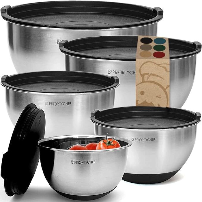 Набір мисок для змішування PriorityChef з кришками, 5 шт, 4.7л (5 кварт), нержавіюча сталь, з антиковзаючим силіконовим дном, штабелювані, сріблясто-чорні