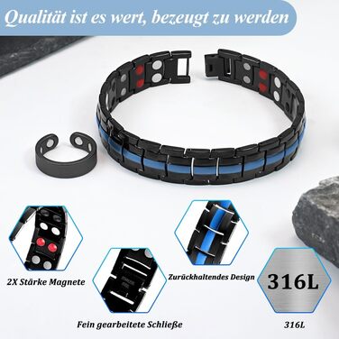 Браслет магнітний чоловічий Vicmag з титанової сталі, подвійна лінія, надміцні магніти, інструмент для регулювання та подарункова коробка (Блакитний, 4 елементи)