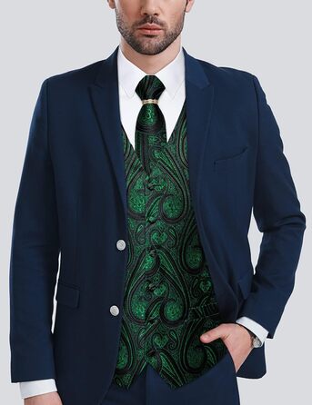 Костюмний жилет DiBanGu 5 шт. (жилет, краватка, нагрудна хустинка, запонки, кільце для краватки) XL, зелений/чорний