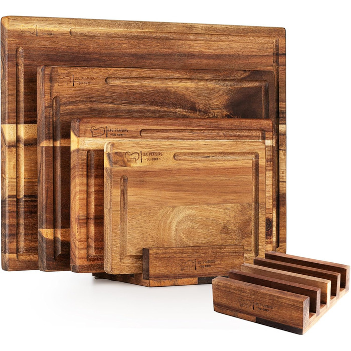 Набір дерев'яних обробних дощок – 4 шт. з акації, жировідштовхувальне покриття • Міцний, довговічний та стильний набір для кухні