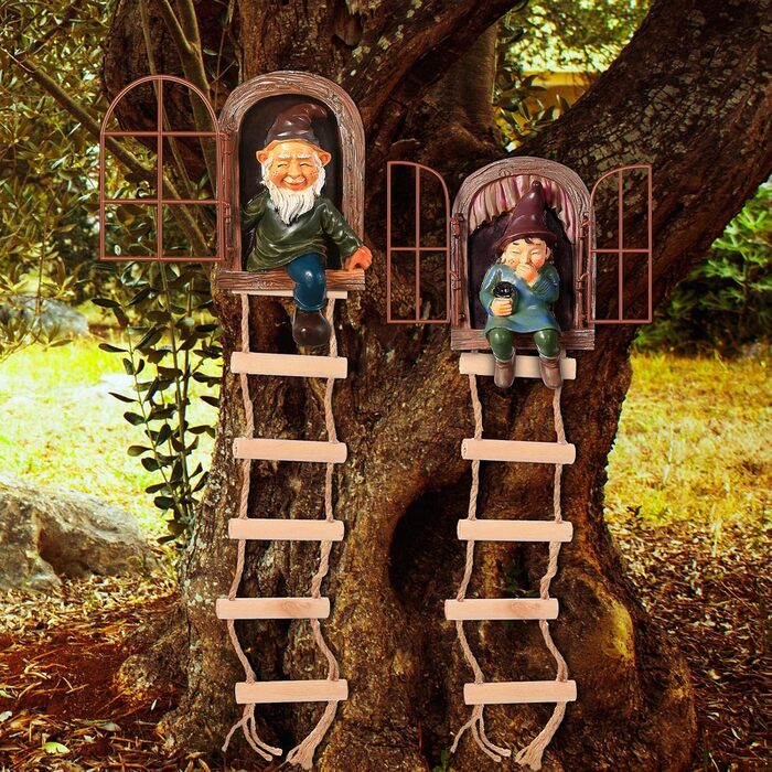 Thyle 4-Piece Garden Gnome Outdoor Tree Hugger Gnome Fairy Statue Elf Out The Door Resin Figure Hanging Ladder Decoration Tree Faces Decor Outdoor for Patio Yard Lawn