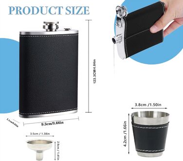 Фляга для алкоголю та віскі RUIXUE® 7oz / 200мл, чорна, з нержавіючої сталі, з 2 склянками та воронкою, для пікніків та кемпінгу