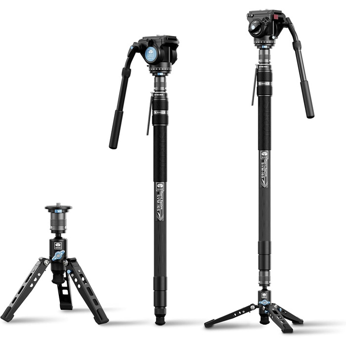 SIRUI Монопод з вуглецевого волокна з швидкою системою | 165 см, професійний, 3-в-1, вантажопідйомність 10 кг, для DSLR та відео (SVM-165+VH-10)