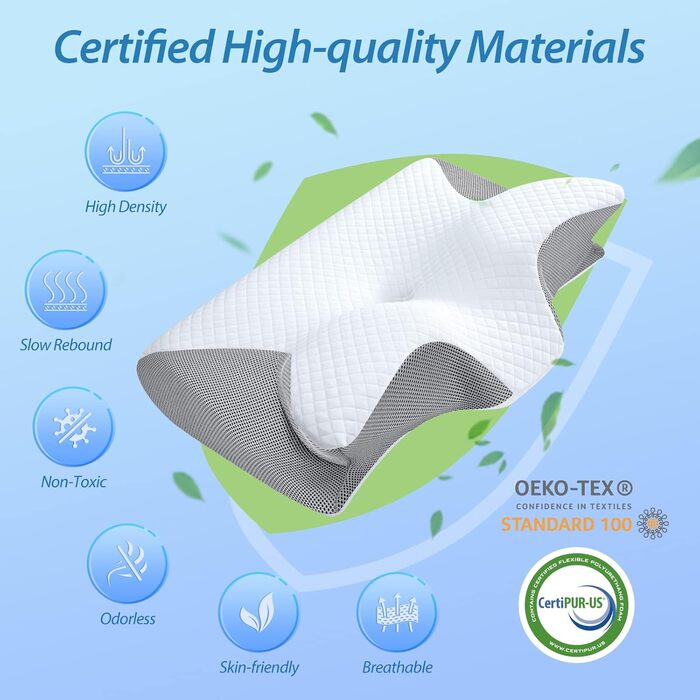 Ортопедична подушка HOMCA 2 в 1 з Memory Foam для сну на спині, боці та животі, 60x40x12/14 см, сіра