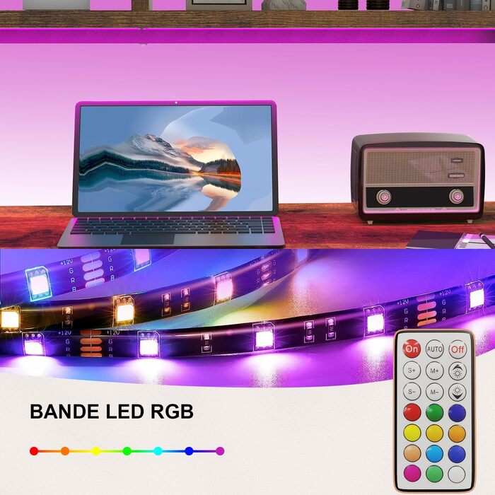 Ігровий стіл Devoko з LED-підсвіткою, кутовий комп'ютерний стіл 160x120 см, з 2 розетками, 2 USB-портами, полицями для зберігання, сталевий каркас, чорний