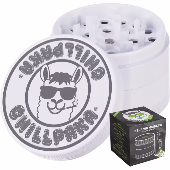 CHILLPAKA® Premium Ceramic Grinder Crusher | ø63mm Large White | Razor-sharp herb grinder with non-stick ceramic coating | Includes pollen scraper + brush