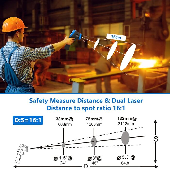 Інфрачервоний термометр 985E -50°C до 800°C з лазером, подвійний лазер, регульована емісійність, 20 комірок пам'яті, безконтактний для промисловості, піци, кухні (12 годин роботи від акумулятора) LC-985E