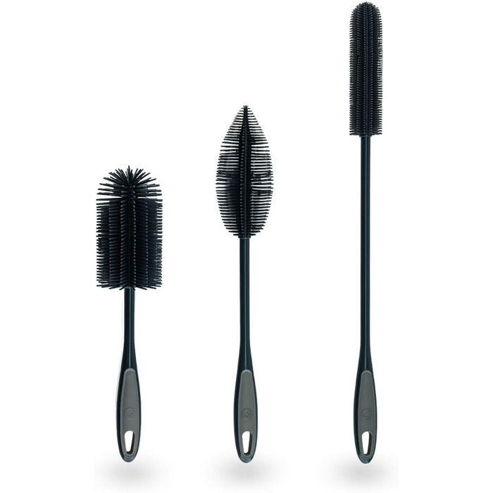 Kochblume Silicone Brush Set, 3-Piece with Interchangeable Heads | Bottle Brush, Dish Brush, Antibacterial, Germ-Free (anthracite)