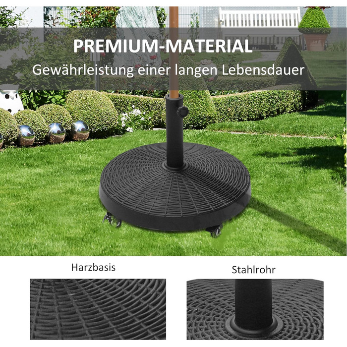 Outsunny Parasol Stand Umbrella Stand Umbrella Holder Umbrella Base 25 kg Rattan-look Stand Umbrella Ø38/48 mm with Wheels Resin + Metal Black Ø52 x 41 cm