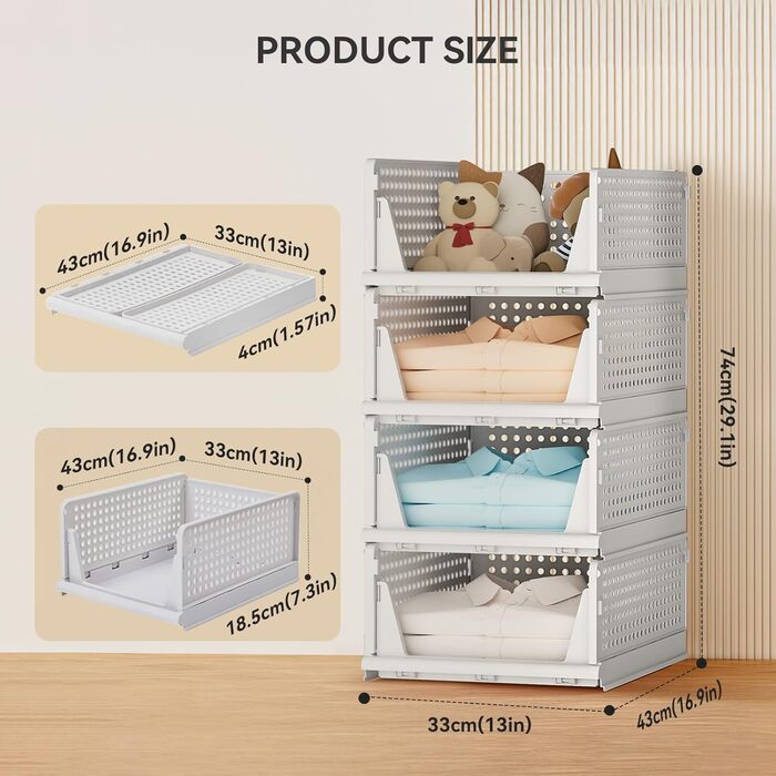 4 Pack Closet Organizer Stackable Plastic Closet Organizer Storage Box, Lightweight, Easy-Pull Drawer Dividers for Clothes, Closet, Pantry, Laundry Room
