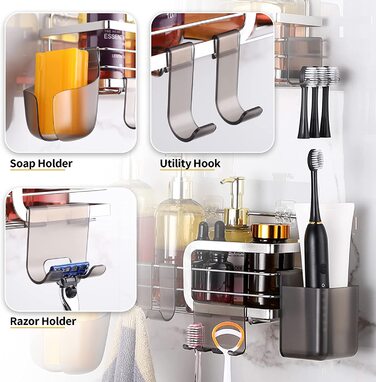 Gsocel Shower Shelf with 2 Hooks, Silver