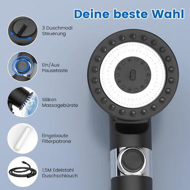 Digiroot Shower Head with Filter, 15 Filtration, Showerhead with Hose 1.5M, High-Pressure Hand Shower Rain Shower with 7 Spray Patterns, Water-Saving Shower Head for Removing Hard Water, Residual Chlorine, Heavy Metals (Black)