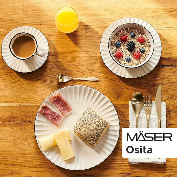MÄSER 931967 Osita Retro Tableware Set for 6 People with Wave Design, 18-Piece Round Dinnerware Set with Dinner Plates, Dessert Plates, and Muesli Bowls, Dinnerware Set, Stoneware, Cream White Combination Service