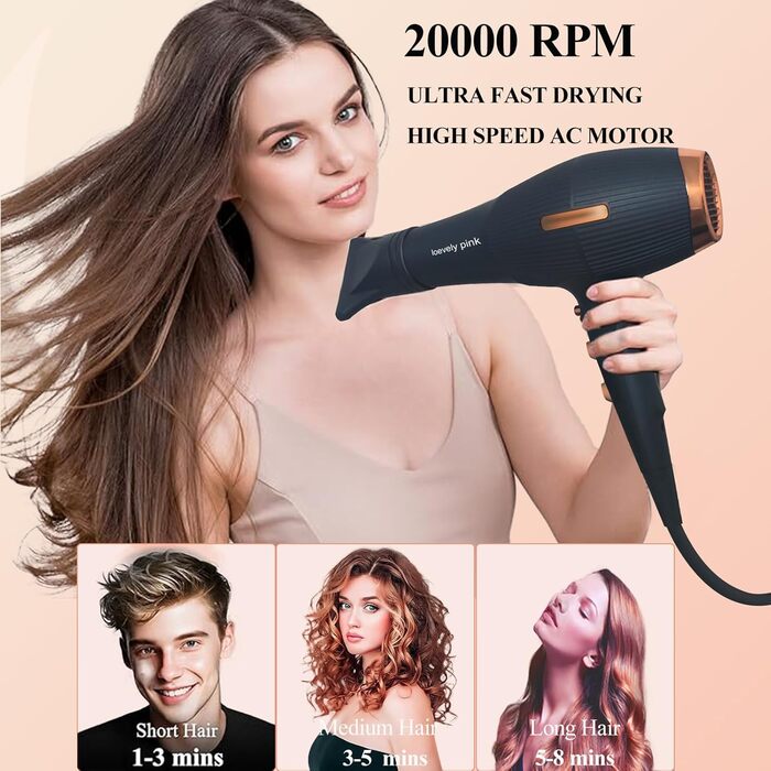 Професійний фен лоеvely рожевий 2400W з іонізацією та AC мотором, з насадкою-дифузором, 3 режими нагріву та 2 швидкості, для дому та салону