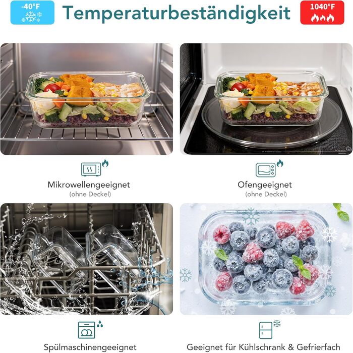 Скляні контейнери для зберігання їжі з кришками, набір Frischhaltedosen, Meal Prep - темно-зелені. Підходять для мікрохвильовки, духовки, морозилки та посудомийної машини.
