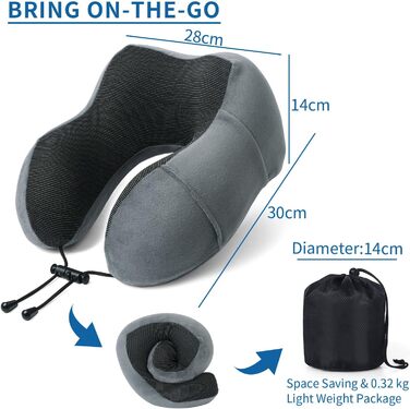 Подушка для шиї у літак - Подушка для подорожей Memory Foam - Подушка-вишенка для дорослих - з 3D-маскою для сну та навушниками - ідеальна для літака, авто, дому, офісу, сіра