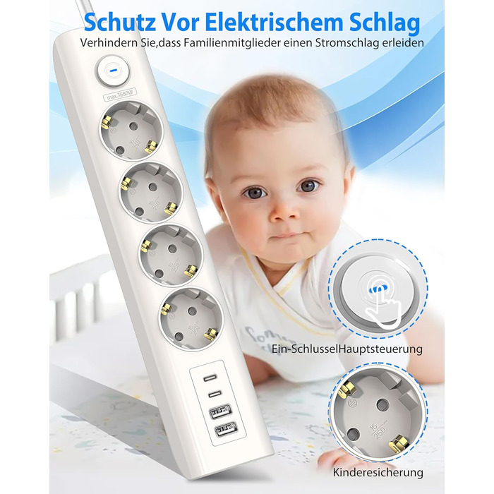 Мережевий фільтр Steckdose 8 в 1 з USB, 3680W з вимикачем, 16A з 2 USB-C, для смартфонів, ноутбуків, iPad, білий кабель 1.8м