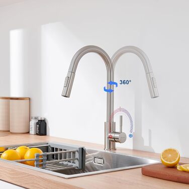 Змішувач кухонний Lonheo з висувною лійкою, високий поворотний кран для кухні, нержавіюча сталь, 2 режими струменя, для мийки