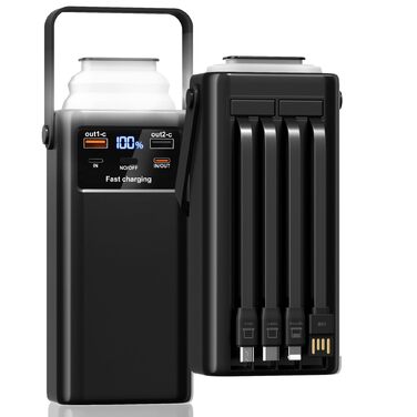 Power Bank 50000mAh з кабелем, швидка зарядка USB-C PD20W/QC22.5W, LED-індикатор, 2 входи/5 виходів, для телефонів, планшетів, подорожей, кемпінгу - Чорний