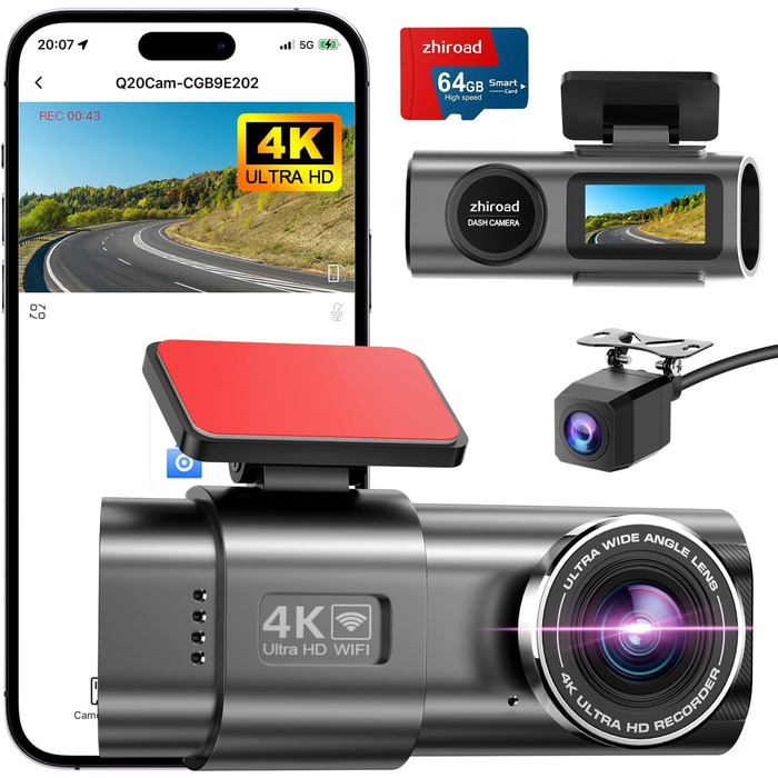 4K WiFi відеореєстратор в автомобіль, з Wi-Fi, SD 64GB, IPS екран 1.47