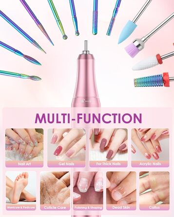 Електричний апарат для манікюру та педикюру з LCD-дисплеєм, 40000 об/хв, 15 насадок, рожевий. Для професійного та домашнього використання