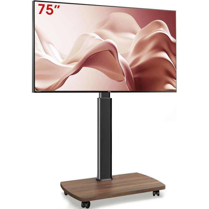 AOKCOS Rolling TV Stand with Wood Shelf - Adjustable Height & Swivel - Fits 43-75 Inch TVs (up to 50kg) - VESA 600x400mm - White+Natural (Black+Vintage Brown)