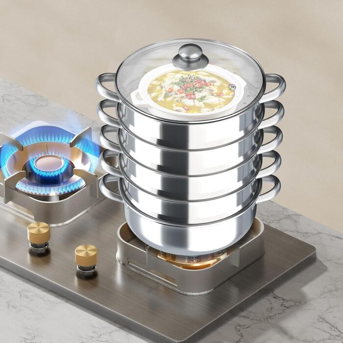 П'ятирівневий паровар Mantovarka, нержавіюча сталь, пароварка Induktion, пароварка для овочів, з кришкою з скла, підходить для всіх типів плит, пароварка Induktion