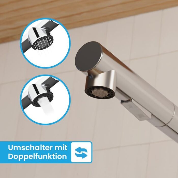 Кухонний змішувач Bächlein Varvaro – поворотний на 360° з висувним шлангом та душовим перемикачем (хром)