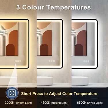 Дзеркало для ванної кімнати зі світлодіодним підсвічуванням STARLEAD 80x60 см, Bluetooth, протитуманне, регульоване, 3 кольори світла, HD скло, IP44, горизонтальне/вертикальне