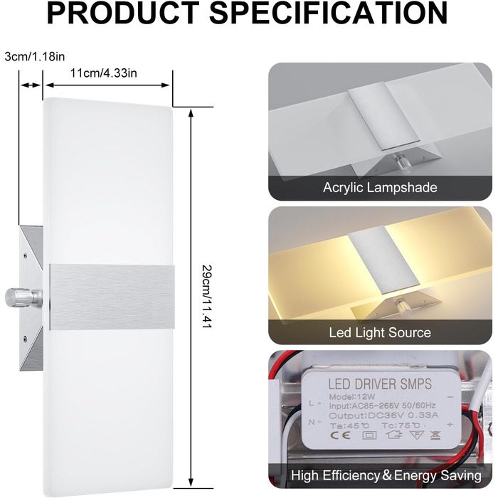 LED настінне освітлення ChangM 2 шт. 12W з вимикачем, диммер, акрил, тепле світло 2700K для дому, вітальні, спальні, сходи, коридору