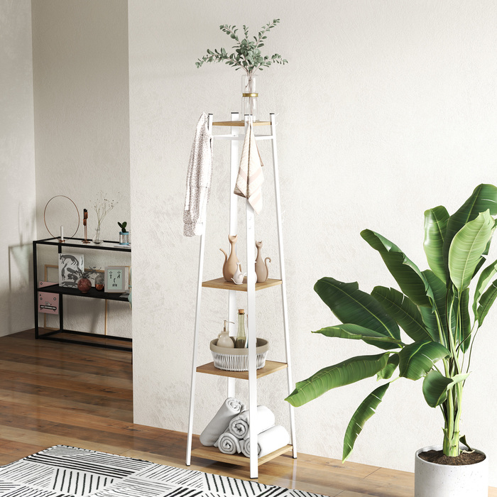 HOMCOM Coat Rack, Clothes Rack with 8 Hooks, 4 Tiers, Steel Coat Stand for Clothes, Hats, Entryway, Hallway, 34 x 34 x 170 cm, White | Aosom