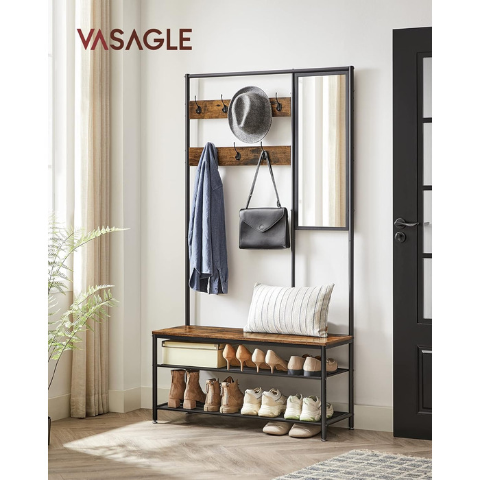 VASAGLE Clothes Rack, Coat Rack, Coat Stand with Hooks, Mirror, Bench, 35 x 98 x 180 cm, for Entryway, Bedroom, Living Room, Modern, Oak-White HSR415W09 (Rustic Brown + Black)