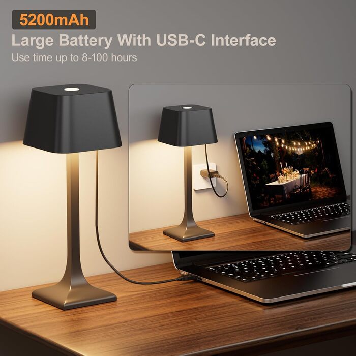 LED настільна лампа бездротова диммируемая торканням - 3 колірні температури, 5200mAh акумулятор, зарядка USB-C, водонепроникність IP54, алюміній, для дому та вулиці, нічник, настільна лампа для їдальні, робочий стіл (чорний)